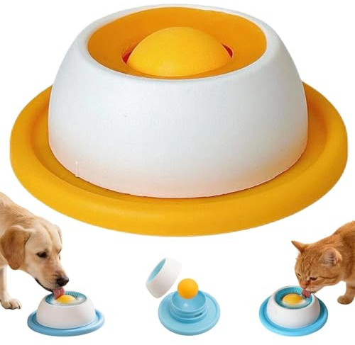 Cuenco para lamer Perros, Lick Bowl para Perros Antideslizante con Bola Giratoria, Juguete Interactivo de Alimentación Lenta Que Reduce la Ansiedad y el Aburrimiento (Amarillo)