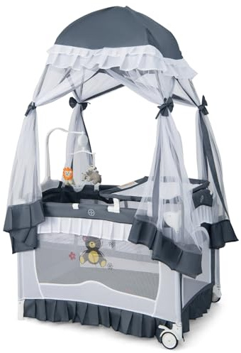 DREAMADE 5 in 1 Reisebett Baby mit Matratze & Baldachin, Babybett Faltbar mit Rollen, Wickeltisch & Laufstall, Beistellbett Baby mit Musikbox & Hängespielzeug, für Neugeborene 0-36 Monate (Grau)