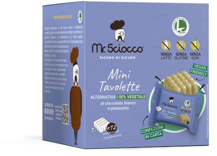 Mini Tavolette ALTERNATIVA 100% VEGETALE al cioccolato bianco e pistacchio con granella di pistacchio - Cubo 12 pz,Senza Glutine, Senza Latte, Senza Lattosio, Senza Soia, Vegan