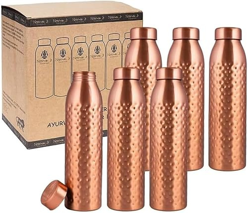 NORMAN JR. – Lot de 6 bouteilles d'eau en cuivre pur ayurvédique (1 L), finition martelée ; coffret cadeau pour hommes et femmes. Idéal pour la fête des Pères et la fête des Mères.