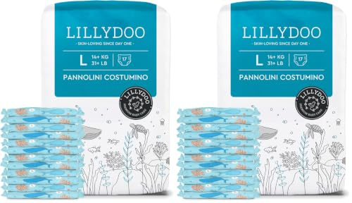 LILLYDOO hautfreundliche Einweg-Schwimmwindeln für Babys, Größe L (14+ kg), 1 Packung (17 Stück) mit Unterwasser-Design, Windeln für sicheren Schutz im Wasser (Packung mit 2)