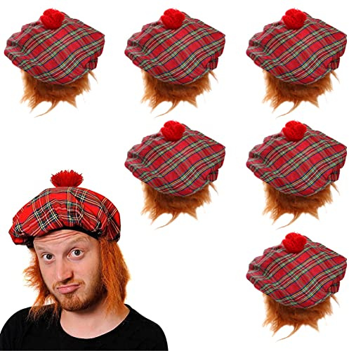 Schottischer Tam O Shanter Hut – 6 Stück – Roter Schottenkaro-Hut mit angenähtem orangefarbenem Haar – Schottland Burns Night Kostüm Zubehör