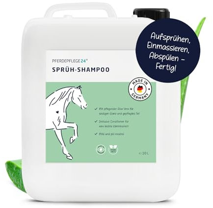 Pferdepflege24 Mildes Pferdeshampoo als Sprühshampoo - Basis Pferde Shampoo 0,5l, 1l, 2,5l, 5l & 10l Liter pH Neutral - Seidiger Glanz, leichte Kämmbarkeit & gesundes Haar