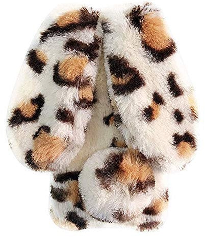 HongHushop Cute Rabbit Case Plush Cover for iPhone 5 5S SE Case Super Soft Warm Fluffy Furry Bunny Ears Shockproof Back Case Cover Chic Bling Crystal Diamond Bowknot Case -Yellow leopard