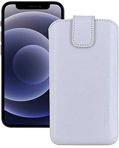 Suncase ECHT Leder Tasche kompatibel mit iPhone 12 (6.1) mit ZUSÄTZLICHER Transparent Hülle | Schale | Silikon Bumper Handytasche (mit Rückzugsfunktion und Magnetverschluss) in Weiss