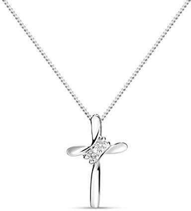 MIORE Schmuck Damen 0.05 Ct Diamant Halskette Kettenanhänger Kreuz mit Brillanten Kette aus Weißgold 9 Karat/ 375 Gold