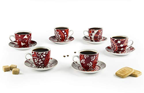 Excelsa Mandala Red Juego de 6 Tazas de café con platillo, Porcelana