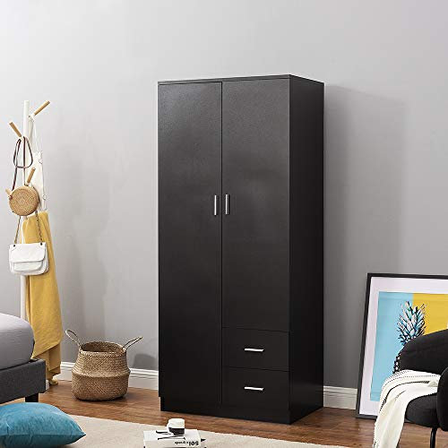 Wooden 2 Door 2 Drawer Wardrobe with Shelf and Hanging Rail Modern Clothes Storage Cupboards Unit for Bedroom Furniture W 77 * D 50 * H 180cm (Black)