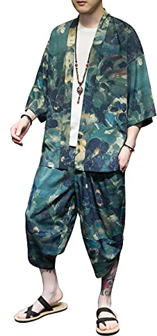 DOSLAVIDA Ensemble de costume pour homme Kimono Cardigan Style japonais Vestes à sept manches Vestes Yukata à devant ouvert Hauts et pantalons Vert