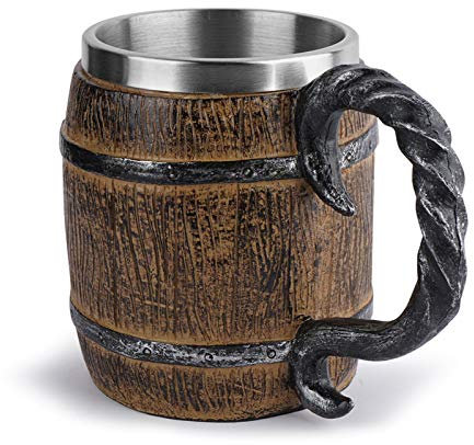 Réplica de Madera de 450 ml, Jarra de Cerveza de Acero Inoxidable, Jarra de Doble Pared con asa, diseño Pirata, Vikingo, fantasía, Medieval, Jarra de Madera para Bar, Restaurante