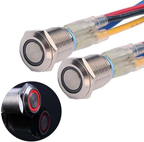 JIQI 2 × 12 mm Interruptor de botón pulsador momentáneo de metal 12V a 24V IP66 1NO 2A con luz LED Botón pulsador impermeable con Enchufe de Cable, para barco Camión RV Coche (Rojo)