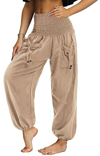Nuofengkudu Damen Hippie High Waist Haremshose Leicht Pumphose Harem Hosen Locker Schlicht Baggy Boho Viskose Pluderhose Yoga Pants Sommerhose Freizeithose Pyjamahose Thaihose Homewear Aprikose L