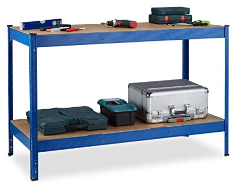 Relaxdays Banco da Lavoro Officina, Tavolo da Garage, 2 Scaffali, Altezza Regolabile, Acciaio e MDF, 90,5x141x61 cm, Blu, 1 pz