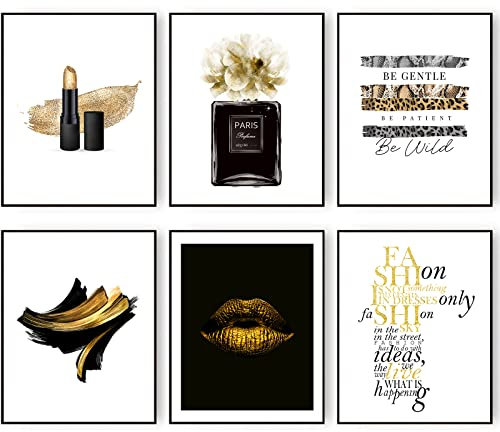 Gorgeous Black and Gold Fashion Art Prints Room Decor Glam Golden Lips Flower Lipstick Perfume Bottle Art Poster Designer Artwork Home Art Decor 8x10 Zoll (20.3x25.4cm) Ungerahmt