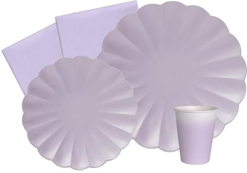 Kit Party Tavola Flower Shape per 24 persone (112 pezzi: 24 piatti Ø23cm, 24 piatti Ø18cm, 24 bicchieri 200ml, 40 tovaglioli 33x33cm) in carta compostabile eco-friendly, viola lavanda