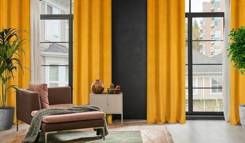 Eurofirany Eliza Struktur Samt Vorhang mit Ösen 1 STK. Velvet Kälteschutz Gardine Schlafzimmer Wohnzimmer Balkontür 140x250cm Senfgelb