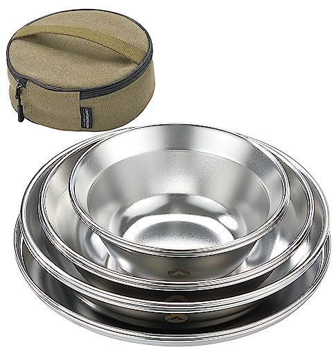 camping moon CAMPINGMOON 4pcs Set Camping Plates Stainless Steel Dishwasher Safe Kitchenware S395-1S (8pcs Set + Bag (S395-2S), Standard)