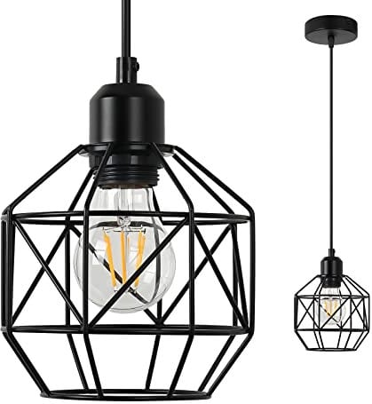 VONCI Modern Farmhouse Black Metal Geometric Linear Cage Pendant Light for Kitchen Island Industrial Vintage 1-Light Hanging Ceiling Lampshade for Dining Room Living Room Bedroom Foyer