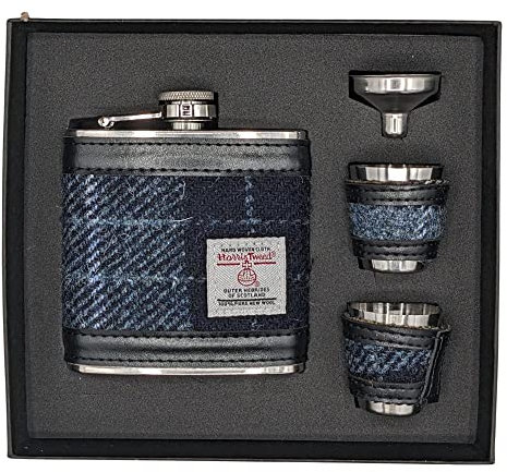 Harris Tweed Hip Flask 6oz Set in Grey and Black Tartan