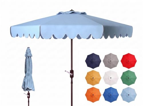 SAFAVIEH Outdoor - Venice 9-Foot Crank Patio Umbrella - Baby Blue & White Canopy - Brown Aluminum Pole - Single Scallop Trim Design - Ideal for Patio, Deck, Poolside, Backyard (PAT8010U)