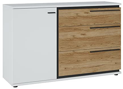 Wohnzimmer Sideboard 133 cm in weiß mit Eiche Nb., Anrichte, Kommode, Aufbewahrungsschrank, modern B/H/T ca. 133/85/40 cm