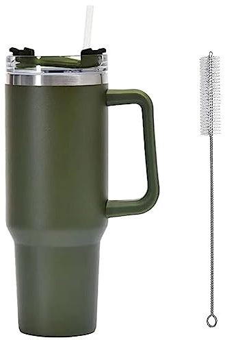 FiveMileBro Gobelet isotherme en acier inoxydable pour voiture avec paille, 40oz, 1200ml, avec poignée et brosse de nettoyage, réutilisable tasses isothermes (Vert)