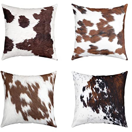 4er Set Kissenbezüge Kuhfell Dekor Kissenbezüge 40x40cm Bauernhaus Rindsleder Quadratisch Kissenhülle Sofakissen Couchkissen Schlafzimmer Western Bauernhof Tier Haut Braun Kissenbezug Dekokissen