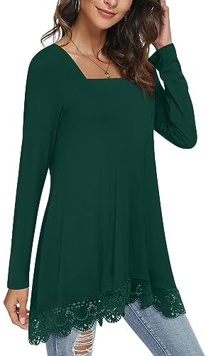 Bestbee Womens Fall Long Sleeve Tops Lace Hem Tunic Square Neck Loose Fit Blouse Shirts for Leggings Ladies Casual T-Shirts, Plus Size, 2XL, Dark Green