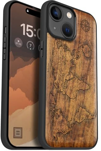 Carveit Coque magnétique pour iPhone 15 Étui Bois Case de téléphone Antichoc Bumper TPU Compatible avec Magsafe 15 Coque Bois Etui (Noyer-Boussole Cartes)