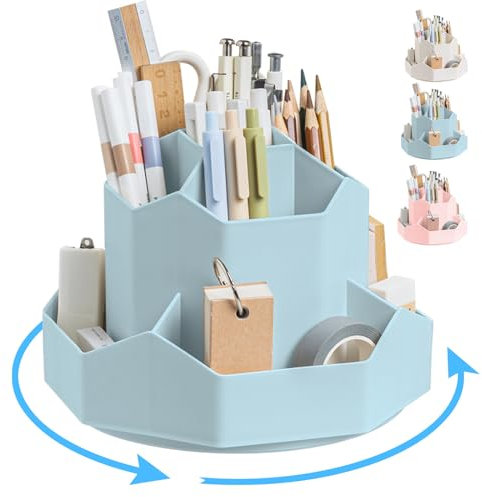 Ceysin Desk Organiser, 360 Degree Rotating Pen Pencil Holder with 9 Compartments, Multifunctional Pen Pots Makeup Brushes Holder Desktop Stationary Storage for Home Office Supplies Desk Tidy (Blue)