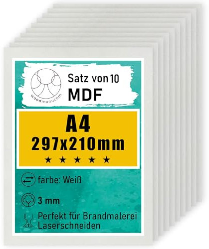 woodmanucom 10 Stück weiße A4 MDF Platten | 297 x 210 x 3 mm | Bastelplatte Dünne Holz-Platten | Perfekt für Laser, CNC Router, Laubsäge, Modellierung