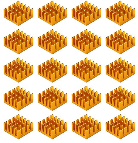 VooGenzek 20 Pezzi Alluminio Dissipatore di Calore, Dissipatore per Transistor, Aletta di Raffreddamento, con Nastro Adesivo Termico, per Raffreddamento dei Componenti Elettronici, 14*14*7 mm, D'oro