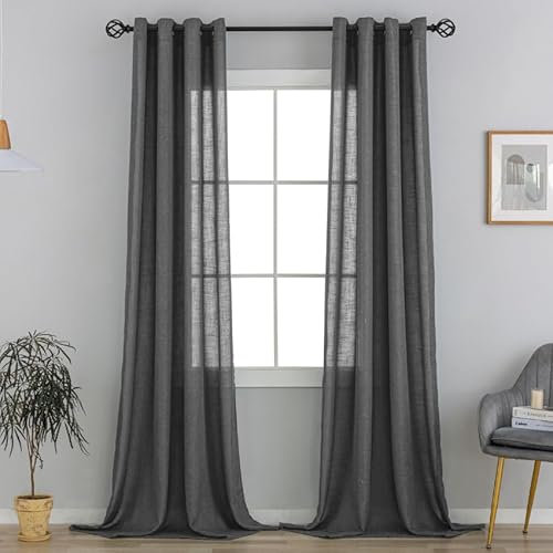 VOILYBIRD Natürliche Leinenstruktur Vorhänge mit Ösen Leinen Gardinen für Wohnzimmer 2er Set (HxB 260x140 cm, Dunkelgrau)