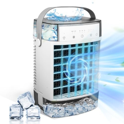 Portable Air Cooler, 5 in 1 Air Conditioner, 1000ML Large Capacity Evaporative Cooler with 3 Speeds, 2 Spray Mists, 2-4-8H Timer, 7 Colour Lights, Quiet Air Cooling Fan with Humidifier for Home Office