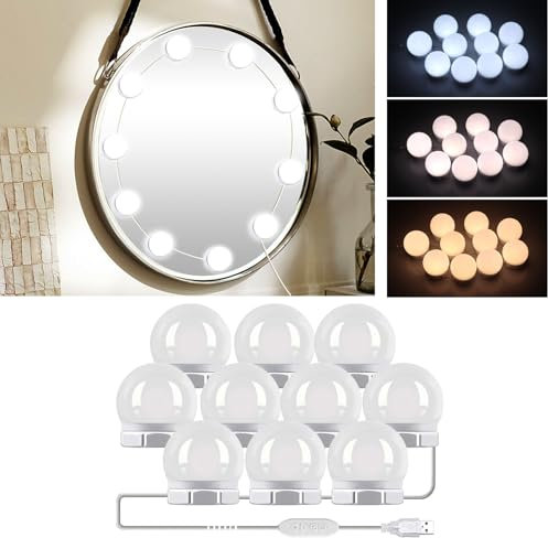 Luce per specchio cosmetico a 3 colori LED in stile Hollywood, 10 lampadine dimmerabili, luci per specchio da trucco, illuminazione del bagno, bomboniere (specchio non incluso)
