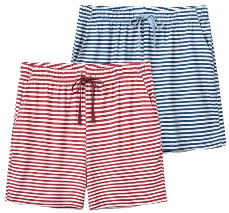 MoFiz Shorts Femme Bas de Pyjama Été Détente Imprimé Pantalon Court de Nuit avec Poches Lot de 2 Rayures Rouge+ Bleu, L
