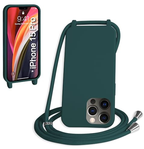WenBaby Funda con Cuerda para iPhone 15 Pro, Líquida Silicona Carcasa con Cordón Ajustable Collar Correa de Cuello, Cubierta Prueba Golpes con Microfibra Forro (Verde Oscuro)