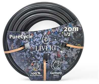 LIVLIG Gartenschlauch 20m, Gartenschlauch 1/2 Zoll Made in Germany, Wasserschlauch 20m aus 100% Recyclingmaterial, Schwarzer Gartenschlauch, PureCycle
