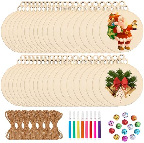 VEGCOO Adornos de Navidad Madera, 70 Colgantes de Madera Disco de Navidad, Ornamentos Colgantes Navideños Adornos Navidad Arbol para DIY Decoraciones de Navidad, Artesanía