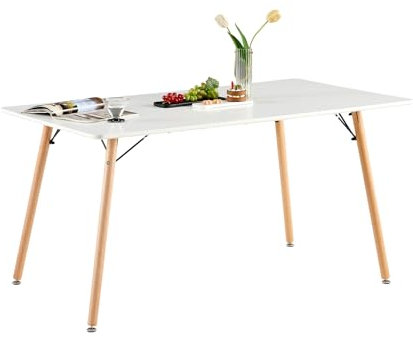 H.J WeDoo Mesa de Comedor Rectangular de Madera de Haya, para 4-6 sillas, Mesa de Comedor con Patas de Madera MDF, Color Blanco, 140 x 80 cm (Solo Mesa)