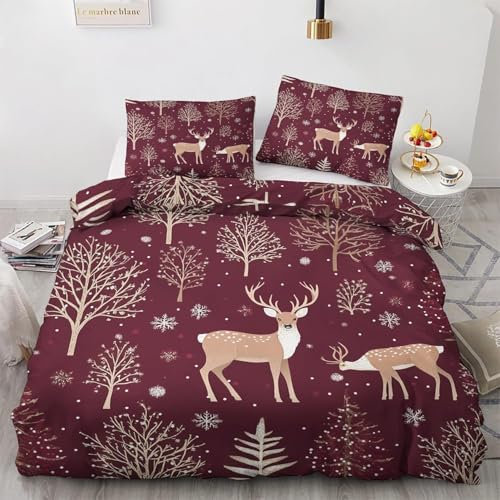 YZQGLHP Bettwäsche 220x240 Elch Bettbezug Rot Bettwäsche Set Elch Bettbezüge und 2 Kissenbezug 80x80 cm, Weich Mikrofaser 3 Teilig Set mit Reißverschluss