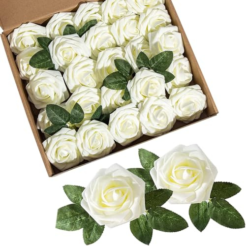 Coztie 25 PCS Artificial Flowers Roses, Foam Roses with Stems Milk White | Foam Latex Rose, Fake Flowers, for Wedding Bridal Bouquets Centerpieces Arrangement Party Home Decorations