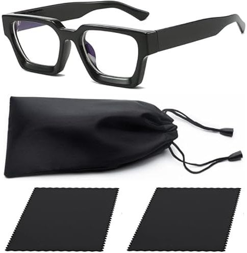 Square Blue Light Glasses Black Frame Womens Reading Glasses Oversized Square Blue Light Blocking Glasses Suitable for Reading Watching TV Texting and Playing Games with Glasses Bag Glasses Cloths