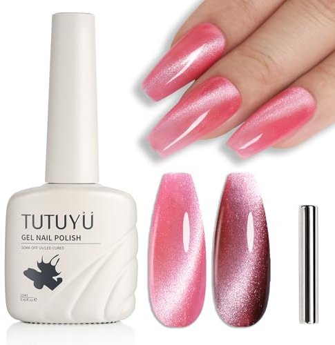 TUTUYU Pink Crystal Cat Eye Gel Nail Polish,Crystal Coral Pink Cat Eye,Holographic Magnetic Shimmer Need Nail Lamp Manicure or Penicure