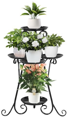 MAIJIAJU 3 Etagen 5 Topf Pflanzenständer Metall Blumenständer, 71cm Schwarz Pflanzenregal Blumenregal für Mehrere Pflanzen Modernes Dekoration Pflanzentreppe Blumentreppe für Innen Außen Balkon Garten