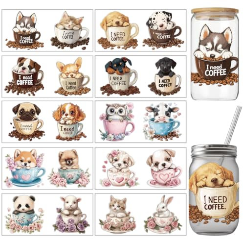 arricraft 10 Stück Bunte Kaffeetassen UV Transferpapiere Mit Tiermotiven 10 Stile Hund Katze Kaninchen UV DTF Cup Wrap Aufkleber Für 16 OZ Glas Tassen Handwerk 9.5x4.3 Zoll