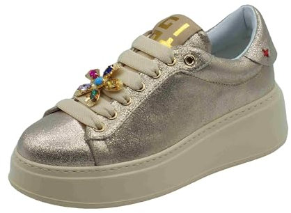 GIO+ PIA315B Combi Puder Gold Sneakers für Damen aus grauem satiniertem Leder mit Applikationen, Kombi-Pulver, 35 EU