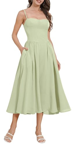 OMEWEE Sommerkleid Damen Sexy Ärmellos Spaghettiträger Freizeitkleid Böhmisch Maxikleid A-Linie Strandkleider mit Tasche Grün M