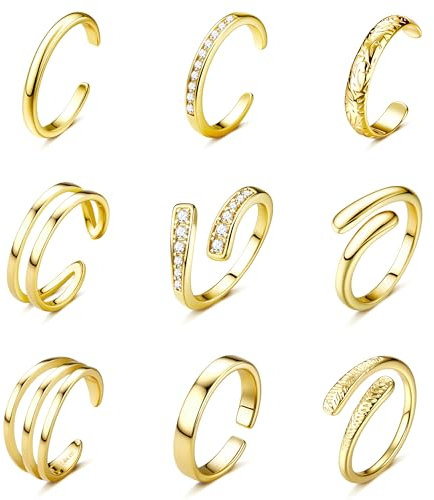 FIOROYAL 9Pcs Bagues d'orteil Femme Ajustables Anneaux 14K Plaqué Or ou Argent Bague de Pied Triple Anneau Ouvert avec Zircon Bague Orteil Hug Chic Bijoux de Pied Été Plage pour Femmes G1