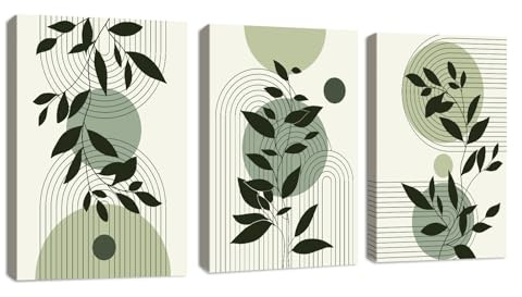 3 Pcs Boho Blätter Leinwandbilder Bilder Set mit Rahmen, Aesthetic Grüne Pflanze Bilder Moderne Wandbilder Schlafzimmer Bild Auf Leinwand Kunstdruck Deko für Wohnzimmer fertig zum Aufhängen 40x60cmx3